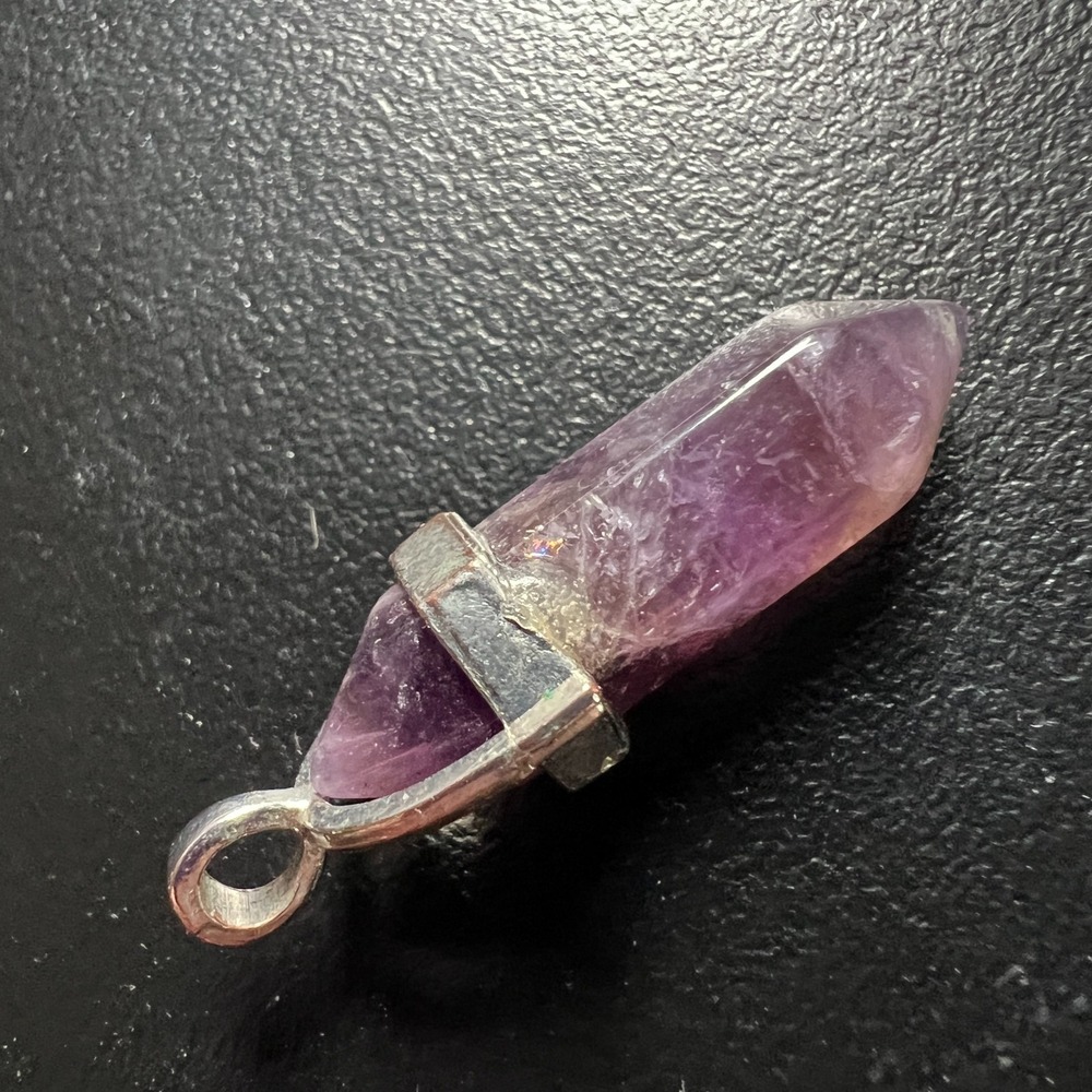 Amethyst Crystal Point Pendant Silver Tone Cap Healing Stone Boho Energy Jewelry - Picture 8 of 9